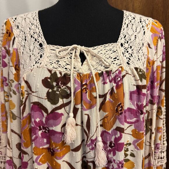 Angie Blouse Medium Womens Top Boho Peasant Cottagecore Crocheted Accents - Picture 2 of 8
